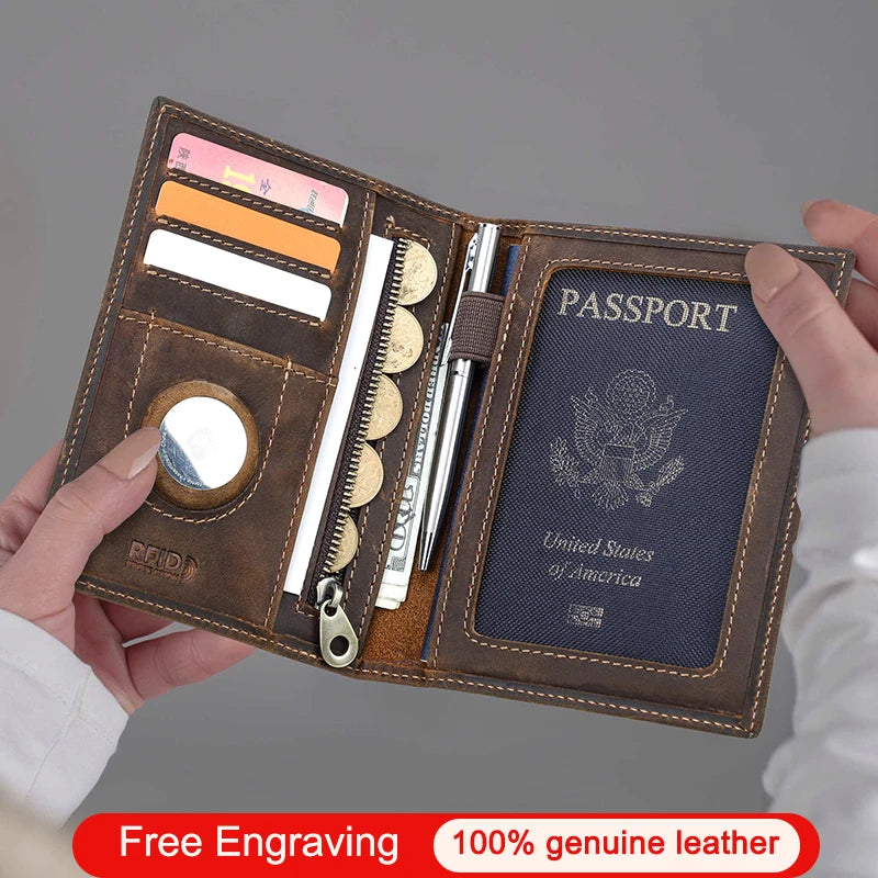CONTACT'S Genuine Leather Passport Wallet Card Holder Coin Purse with AirTag Slot Travel Case