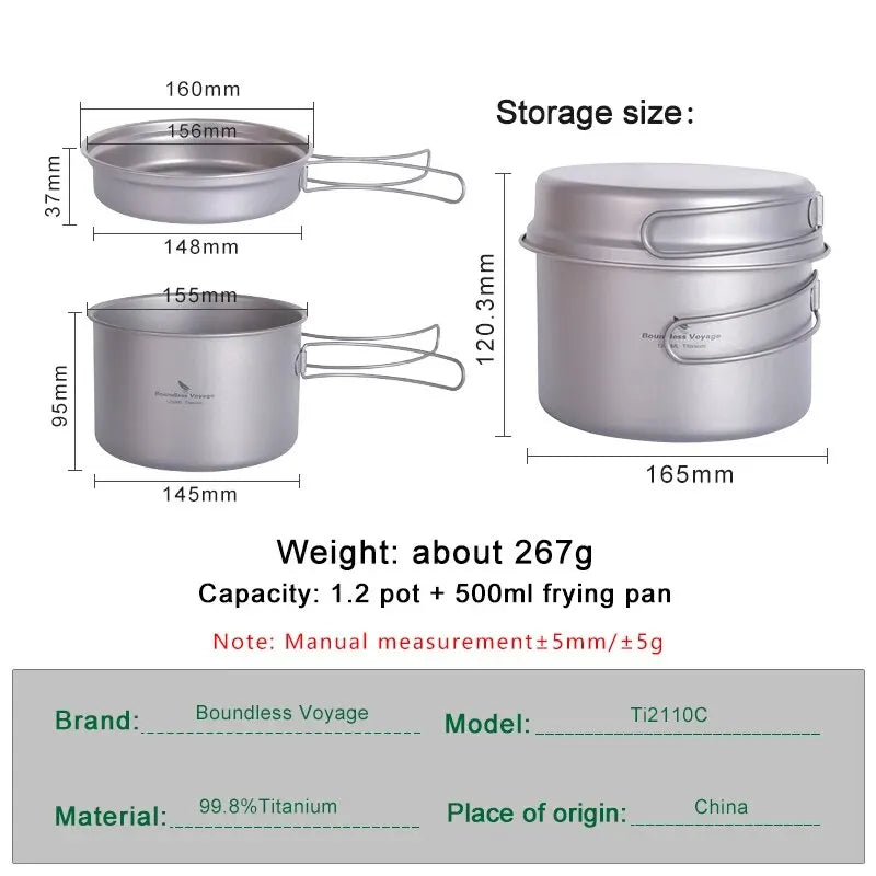 BOUNDLESS VOYAGE Titanium Camping Pot Pan Set Ultralight Cookware with Folding Handles