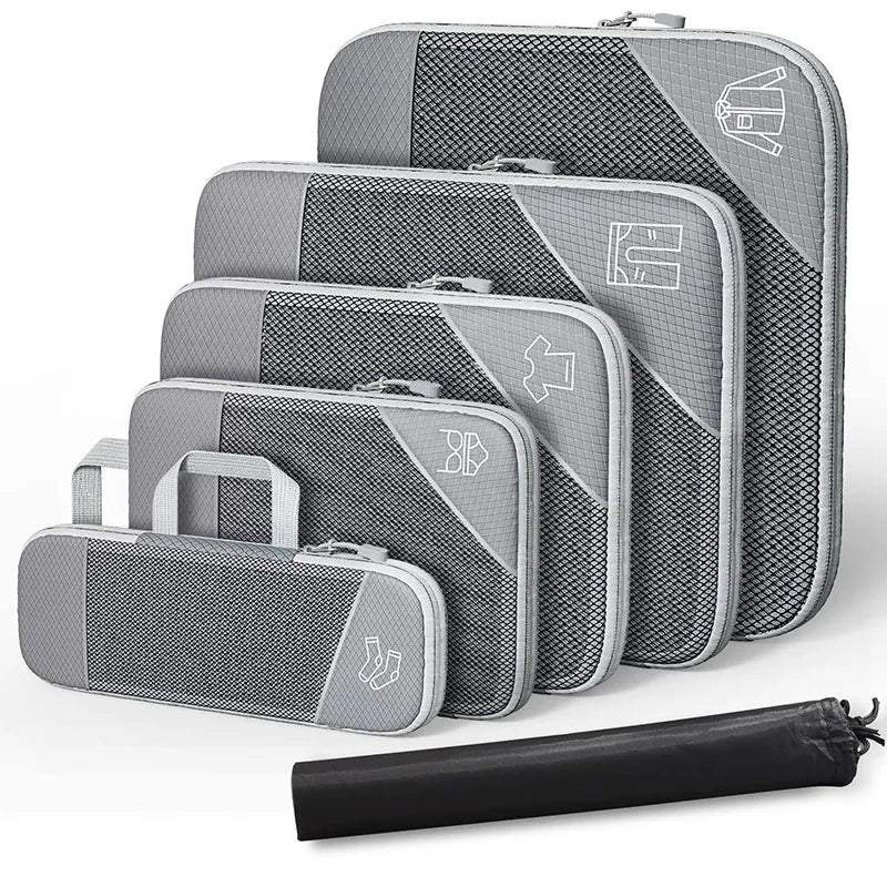 6PCS Travel Compression Packing Cubes Set Mesh Luggage Organiser Shoe Bag Storage