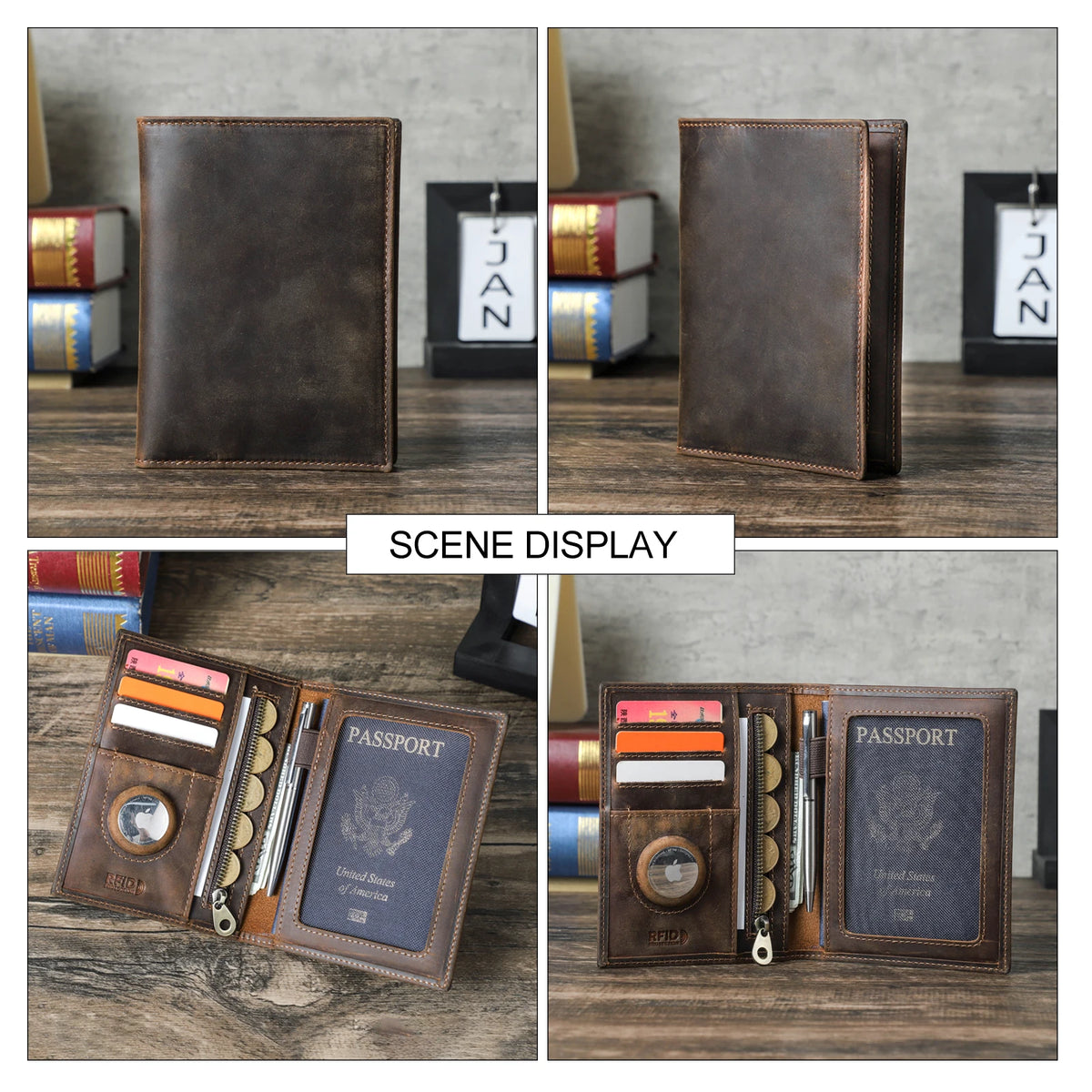 CONTACT'S Genuine Leather Passport Wallet Card Holder Coin Purse with AirTag Slot Travel Case