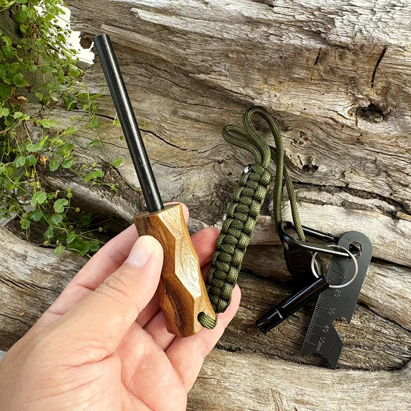 Outdoor Flint Fire Starter Waterproof Magnesium Rod Survival Tool with Wood Handle for Camping