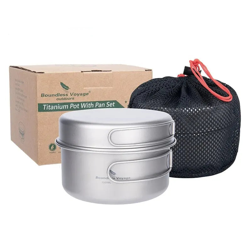 BOUNDLESS VOYAGE Titanium Camping Pot Pan Set Ultralight Cookware with Folding Handles