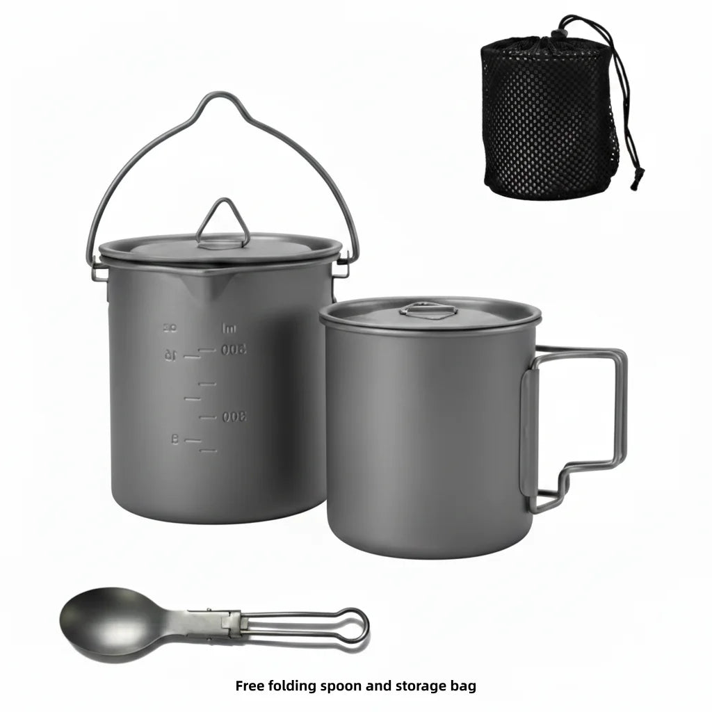 Titanium Camping Cookware Set 750ml Pot 420ml 750ml Folding Mug Ultralight Outdoor Cooking Kit