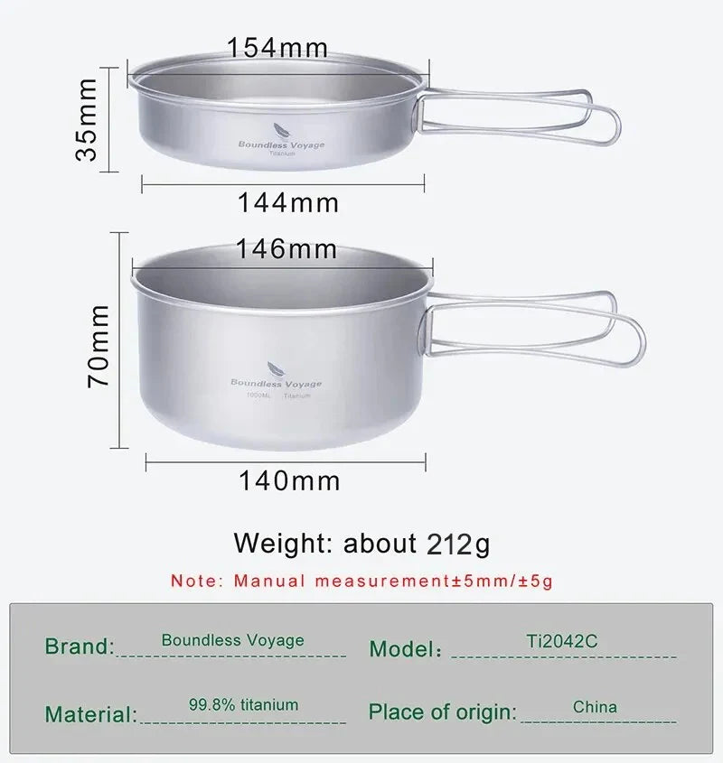 BOUNDLESS VOYAGE Titanium Camping Pot Pan Set Ultralight Cookware with Folding Handles