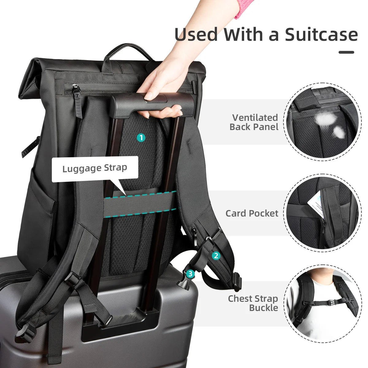 Rolltop Laptop Backpack Water Resistant Expandable Travel Work Bag with 15.6 Inch Compartment