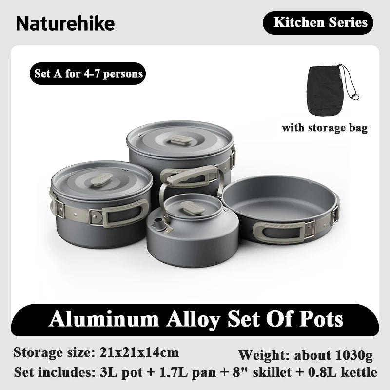 Camping Cookware Pot Set for 4-7 Persons Portable Aluminium Outdoor Picnic Cooking Kit Set