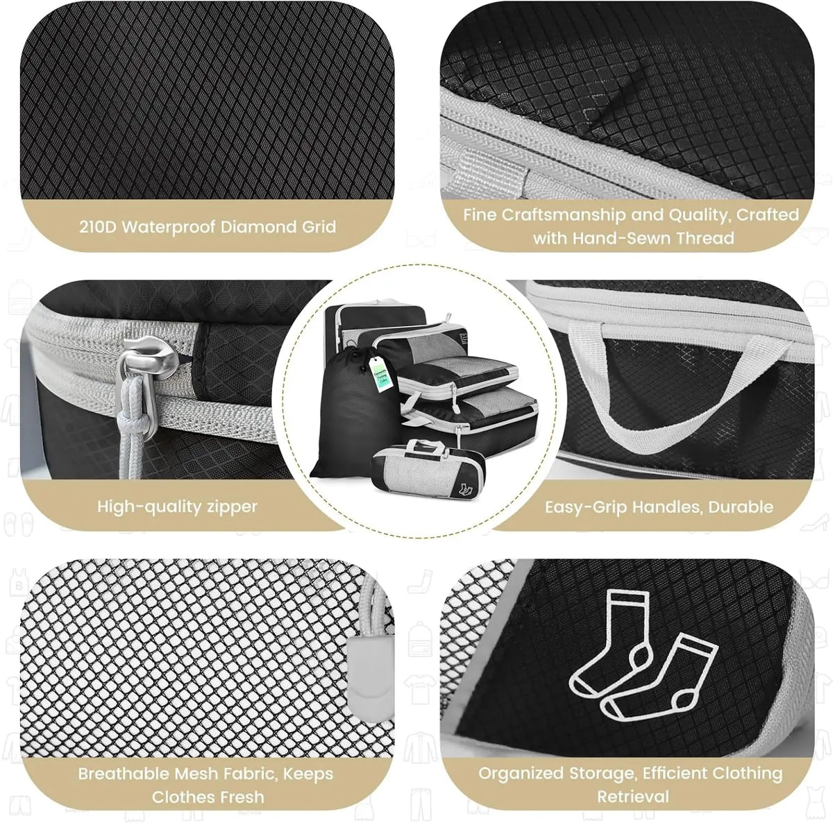 6PCS Travel Compression Packing Cubes Set Mesh Luggage Organiser Shoe Bag Storage