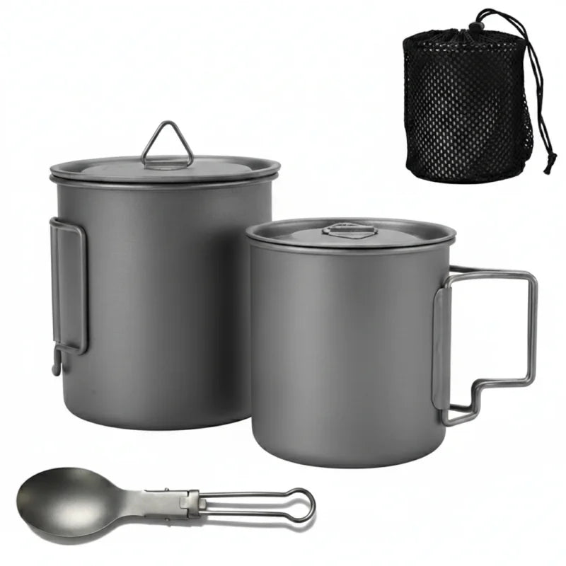 Titanium Camping Cookware Set 750ml Pot 420ml 750ml Folding Mug Ultralight Outdoor Cooking Kit