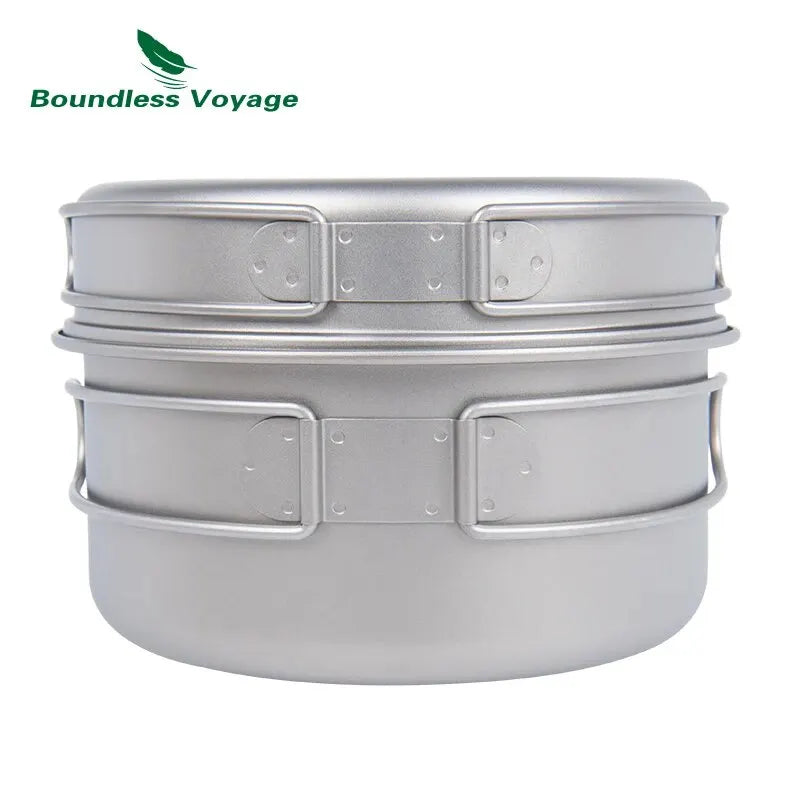BOUNDLESS VOYAGE Titanium Camping Pot Pan Set Ultralight Cookware with Folding Handles