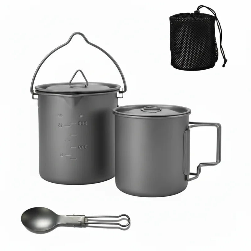 Titanium Camping Cookware Set 750ml Pot 420ml 750ml Folding Mug Ultralight Outdoor Cooking Kit