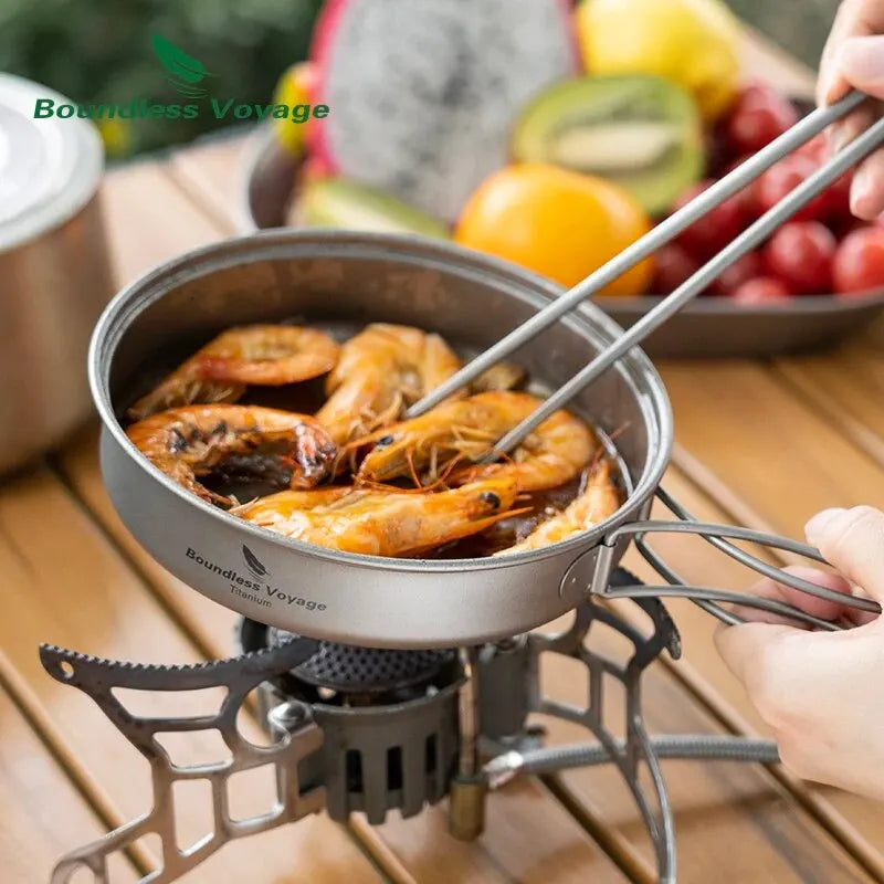BOUNDLESS VOYAGE Titanium Camping Pot Pan Set Ultralight Cookware with Folding Handles
