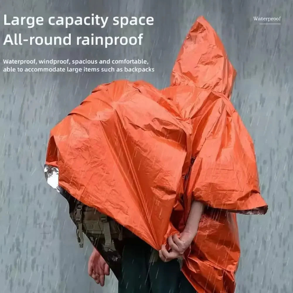 Emergency Rain Poncho with Hood Lightweight Reusable Survival Blanket for Hiking and Camping Trips