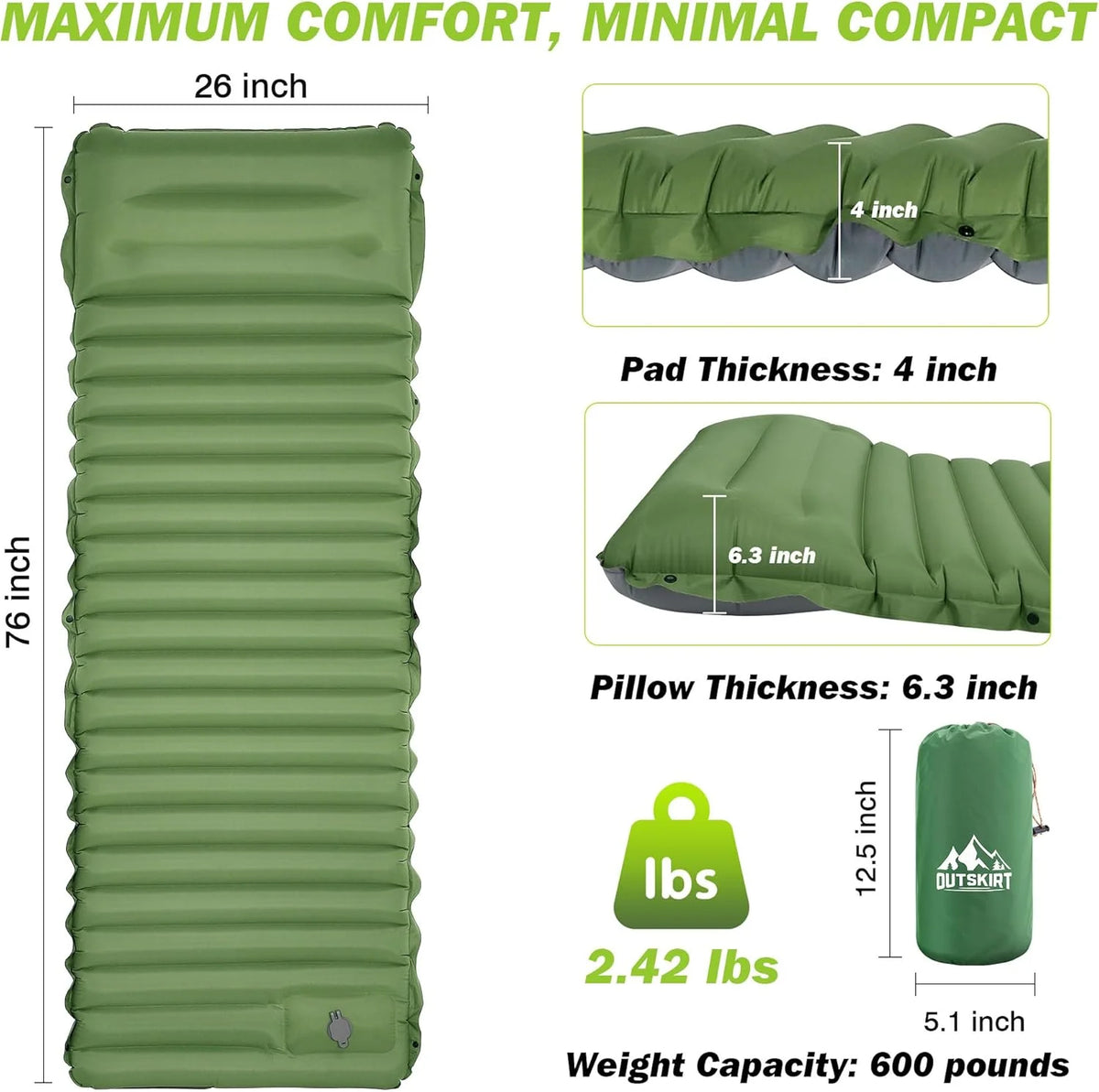 Extra Thick 4 Inch Self Inflating Camping Sleeping Pad with Built In Pump Hiking Air Mattress Bed