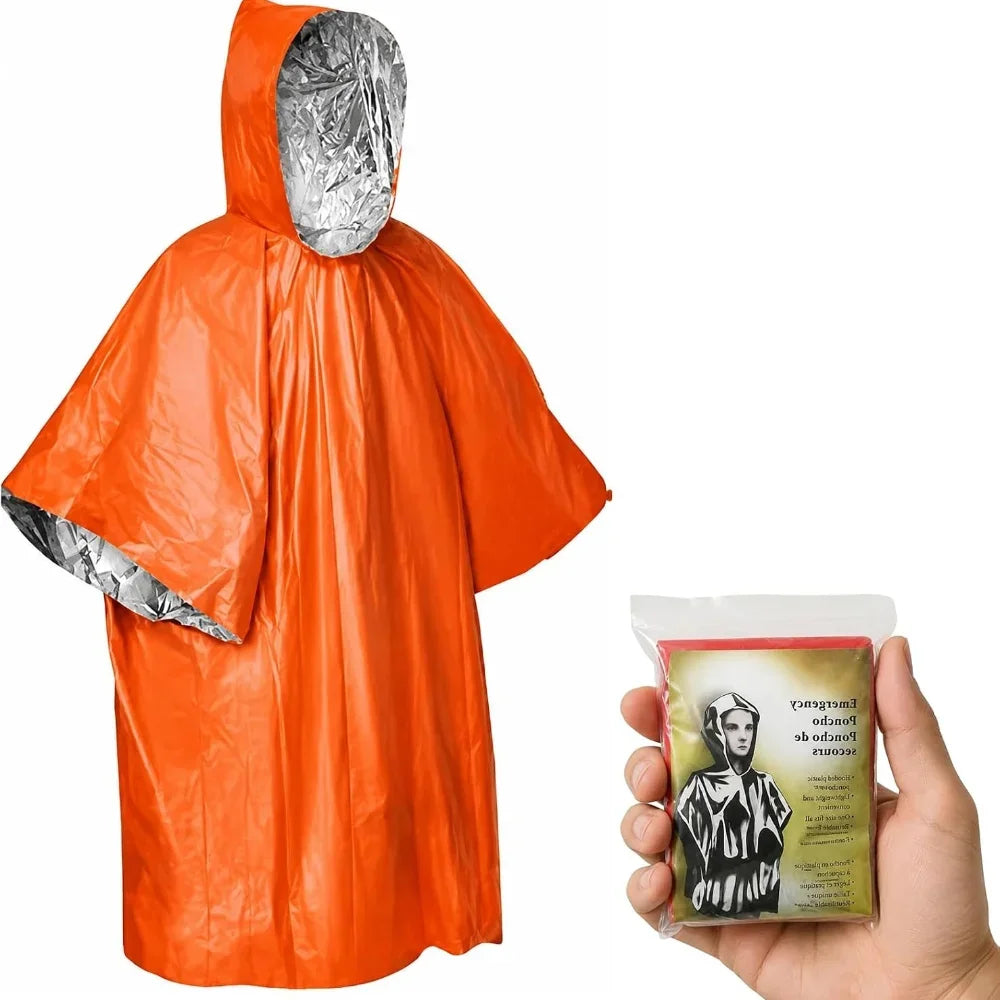 Emergency Rain Poncho with Hood Lightweight Reusable Survival Blanket for Hiking and Camping Trips