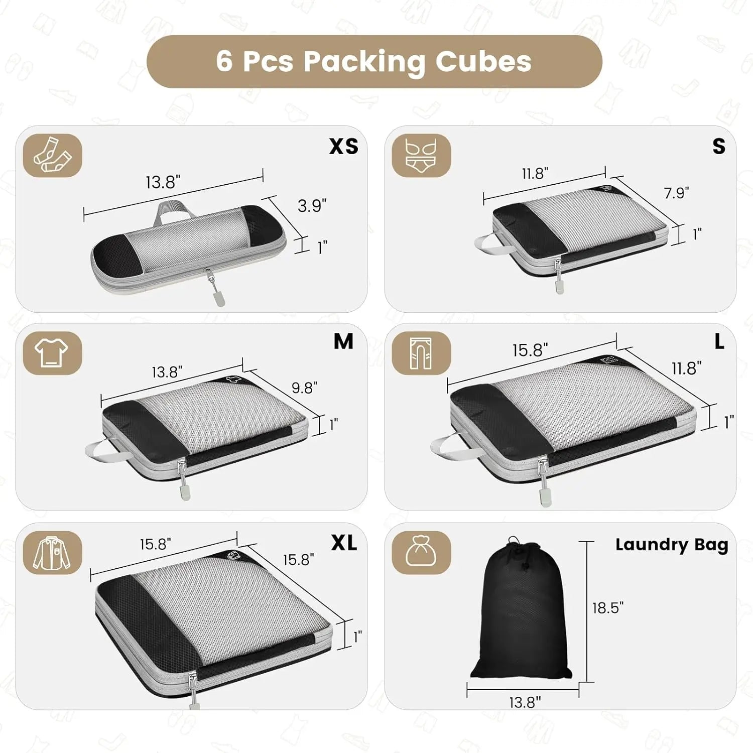 6PCS Travel Compression Packing Cubes Set Mesh Luggage Organiser Shoe Bag Storage
