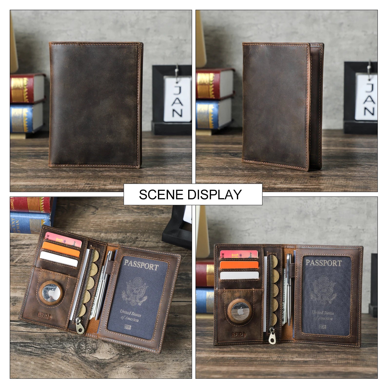 CONTACT'S Genuine Leather Passport Wallet Card Holder Coin Purse with AirTag Slot Travel Case