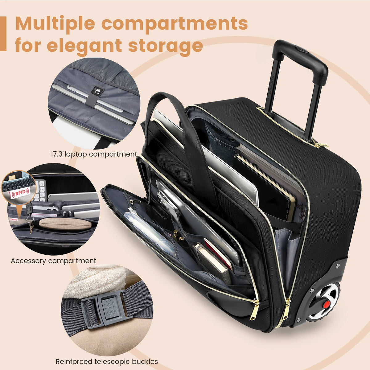 Rolling Briefcase 18 Inch Waterproof Laptop Case with Wheels for Business Travel and Work