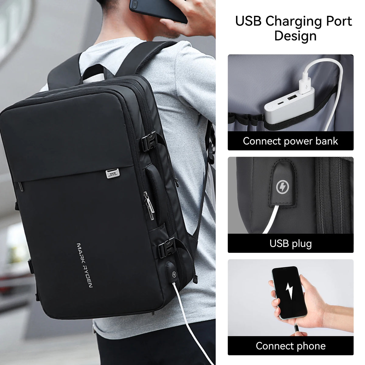MARK RYDEN 40L Expandable Business Travel Backpack for Men & Women Fits 17.3 Inch Laptop Bag Large