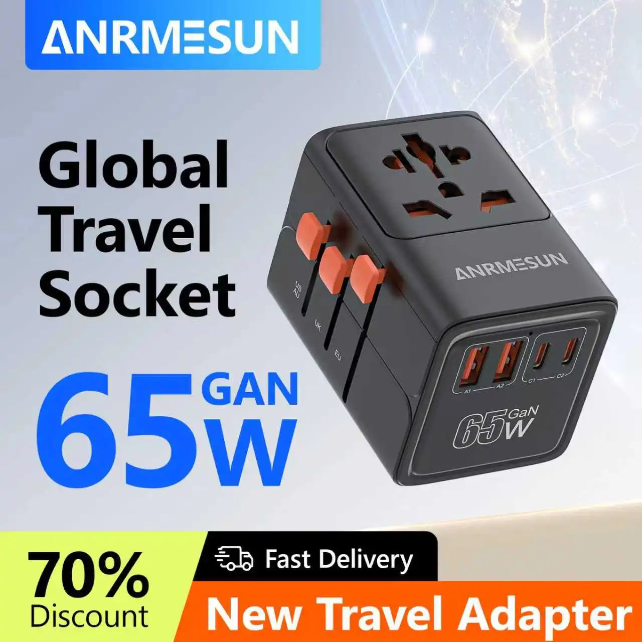 JINGMIN Universal Travel Adapter 2400W 4 AC 2 USB 2 USB-C PD 65W