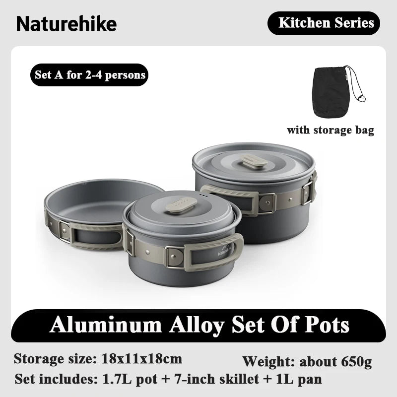 Camping Cookware Pot Set for 4-7 Persons Portable Aluminium Outdoor Picnic Cooking Kit Set