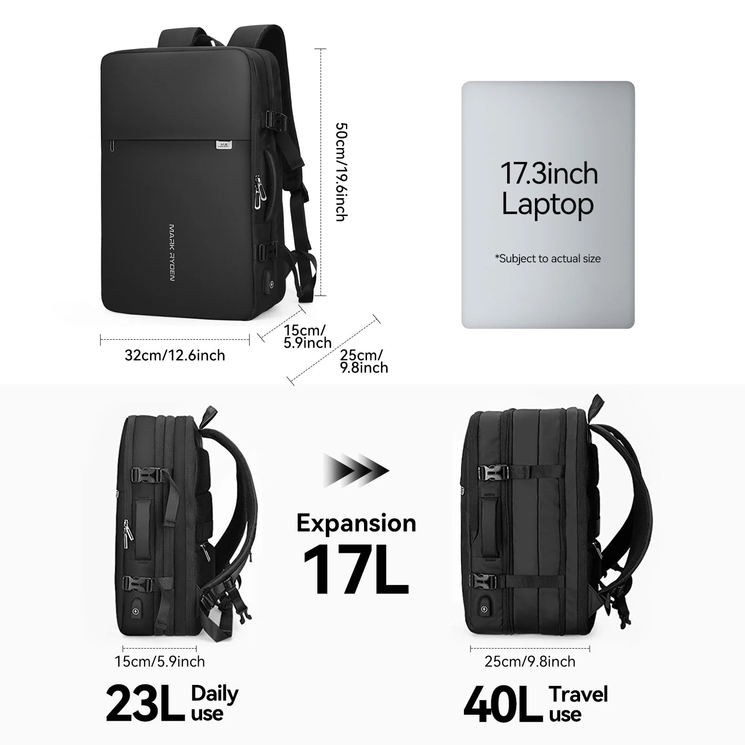 MARK RYDEN 40L Expandable Business Travel Backpack for Men & Women Fits 17.3 Inch Laptop Bag Large