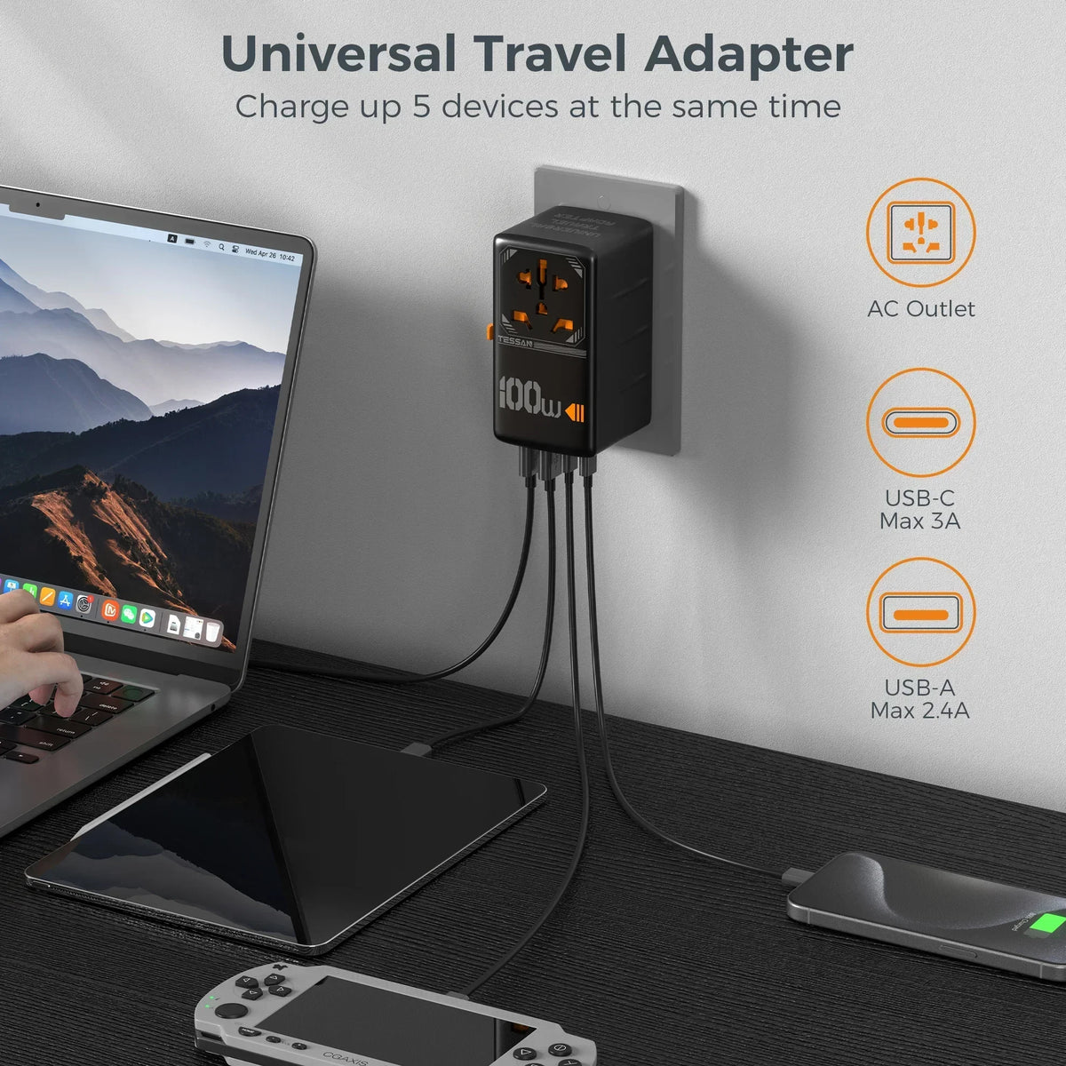 TESSAN 100W GaN Universal Travel Adapter USB C PD EU UK US AU Plug