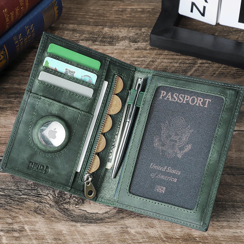 CONTACT'S Genuine Leather Passport Wallet Card Holder Coin Purse with AirTag Slot Travel Case