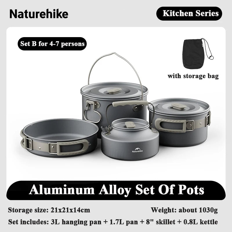 Camping Cookware Pot Set for 4-7 Persons Portable Aluminium Outdoor Picnic Cooking Kit Set