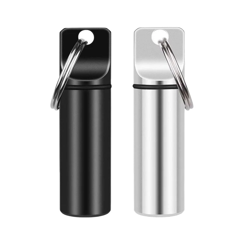 Aluminium Waterproof Pill Box with Keychain, Travel Vitamin Storage Case, Round Alloy Cartridge
