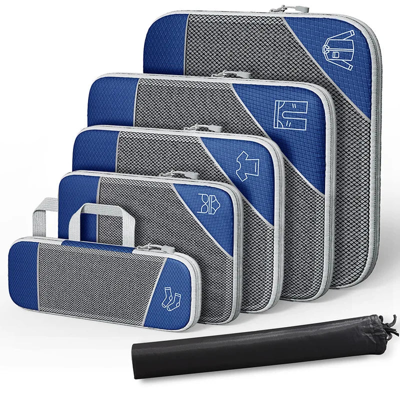 6PCS Travel Compression Packing Cubes Set Mesh Luggage Organiser Shoe Bag Storage