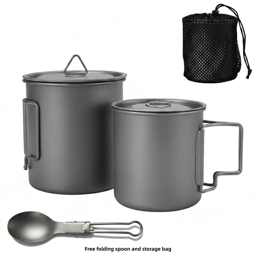 Titanium Camping Cookware Set 750ml Pot 420ml 750ml Folding Mug Ultralight Outdoor Cooking Kit