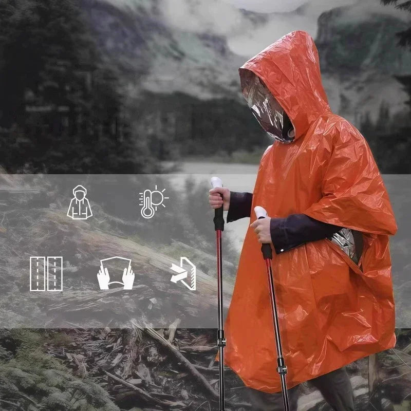 Emergency Rain Poncho with Hood Lightweight Reusable Survival Blanket for Hiking and Camping Trips