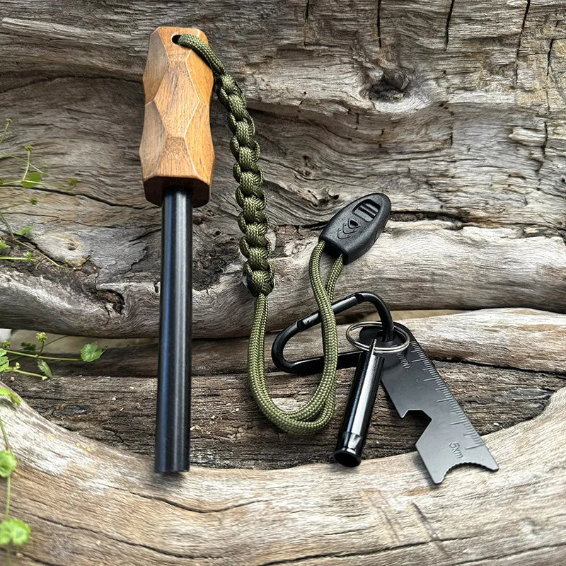 Outdoor Flint Fire Starter Waterproof Magnesium Rod Survival Tool with Wood Handle for Camping