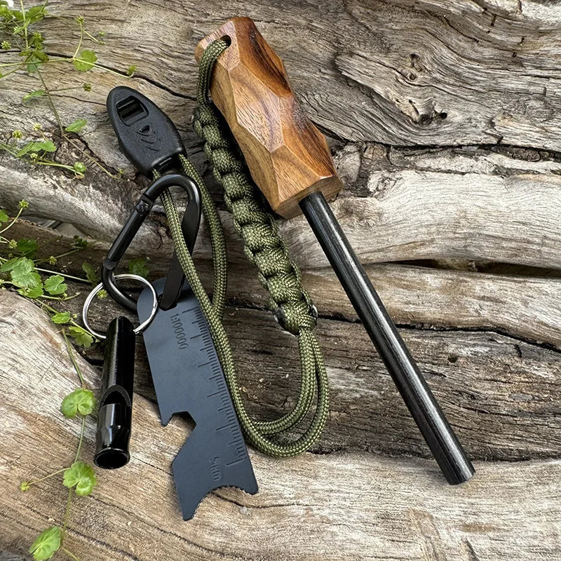 Outdoor Flint Fire Starter Waterproof Magnesium Rod Survival Tool with Wood Handle for Camping