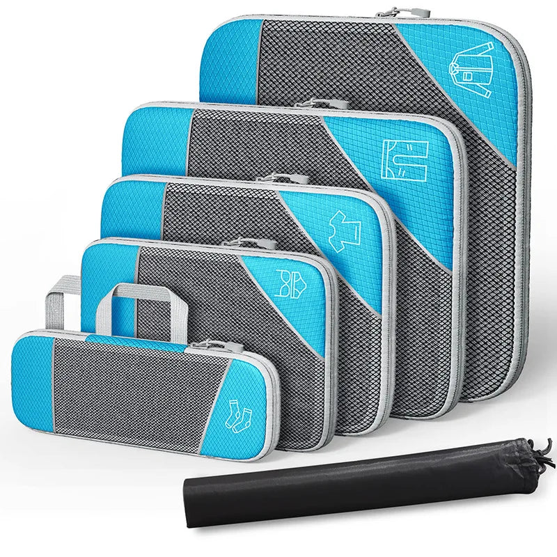 6PCS Travel Compression Packing Cubes Set Mesh Luggage Organiser Shoe Bag Storage