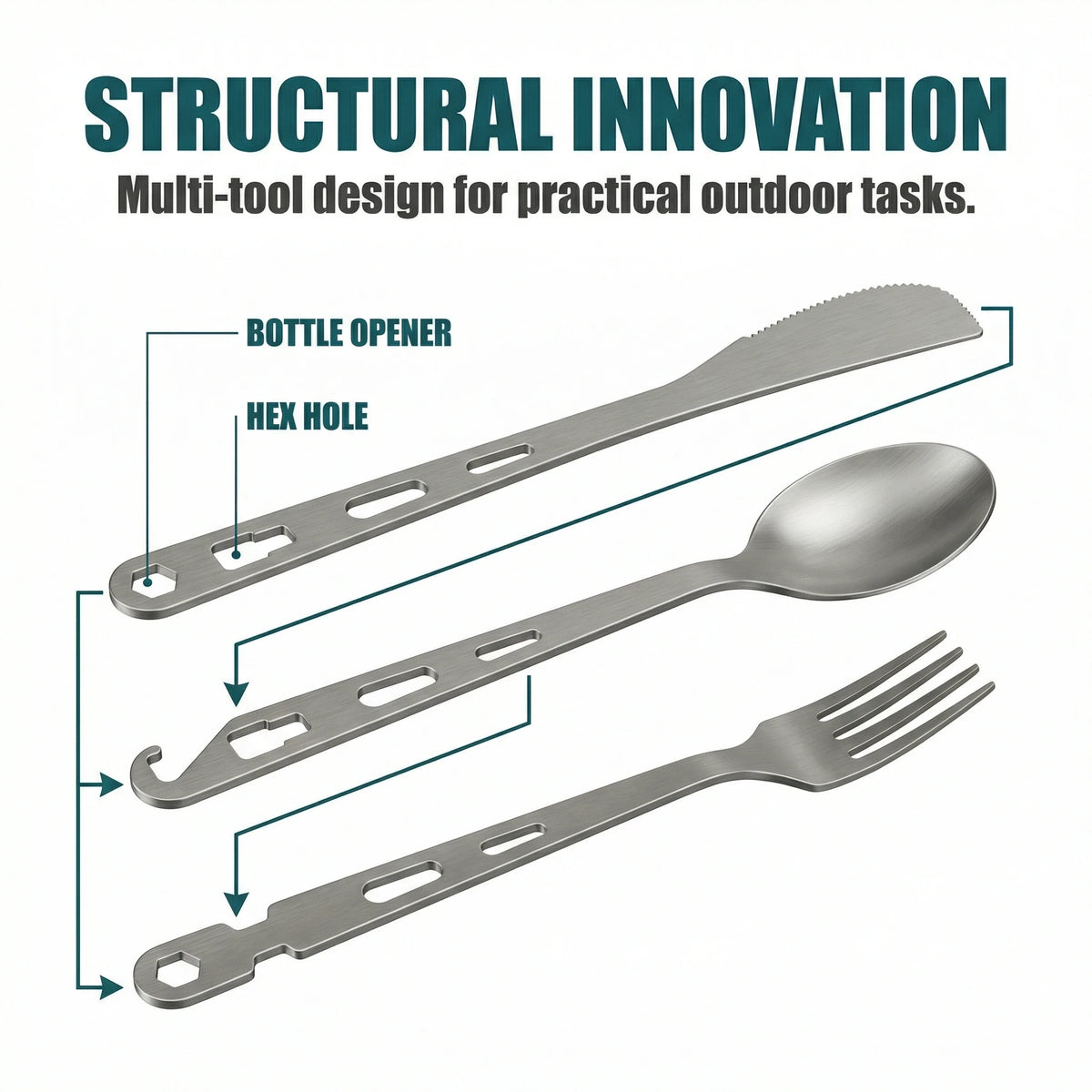 3 in 1 Titanium Camping Cutlery Set Ultralight Spoon Fork Bottle Opener Outdoor Travel Utensil Tool