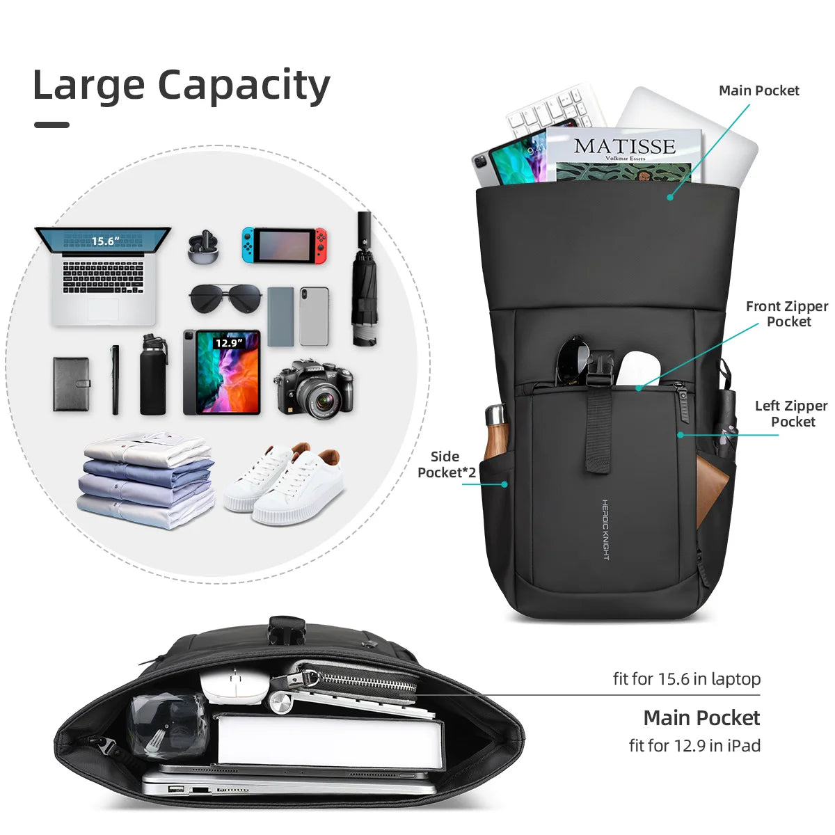 Rolltop Laptop Backpack Water Resistant Expandable Travel Work Bag with 15.6 Inch Compartment
