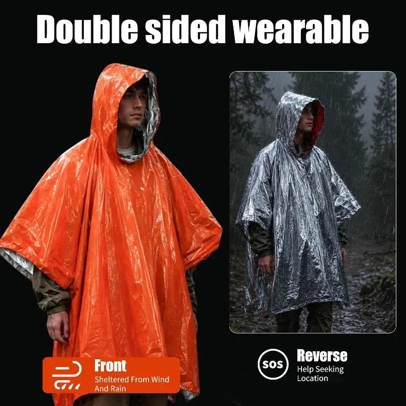 Emergency Rain Poncho with Hood Lightweight Reusable Survival Blanket for Hiking and Camping Trips