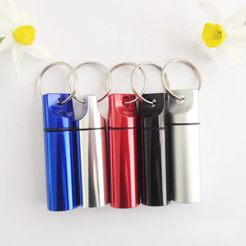Aluminium Waterproof Pill Box with Keychain, Travel Vitamin Storage Case, Round Alloy Cartridge