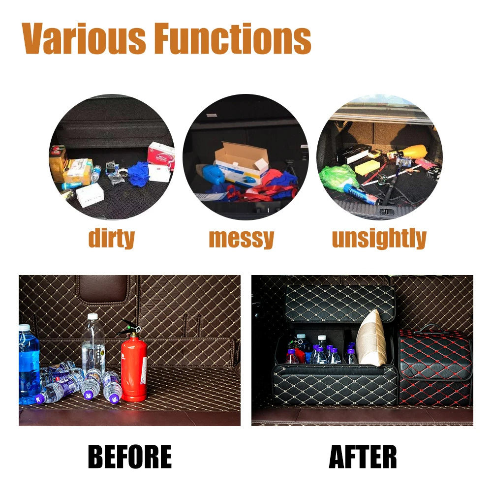 Large Capacity PU Leather Car Boot Organiser Folding Storage Box for Tools Travel Emergency Gear