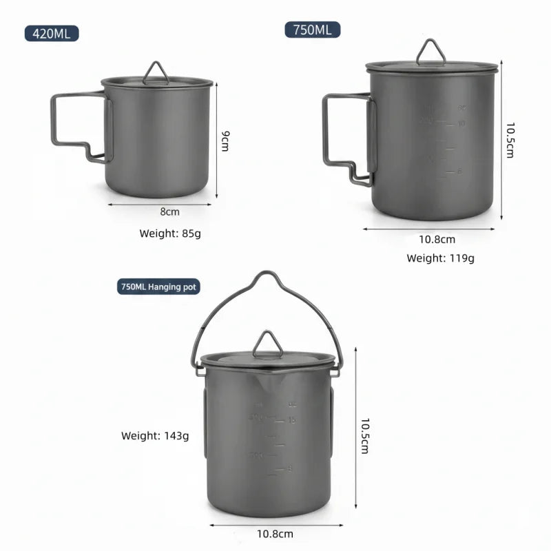 Titanium Camping Cookware Set 750ml Pot 420ml 750ml Folding Mug Ultralight Outdoor Cooking Kit